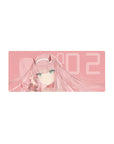 Anime mouse pad featuring Zero Two from Darling in the Franxx, size 28x12 inches, with pastel pink tones and elegant design.