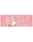 Zero Two anime mouse pad, 32x12 inches, features soft blush tones and a pale pink background, adding elegance to any workspace.