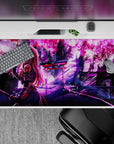 Anime desk pad 40x20 inches featuring Zero Two in ninja gear with cherry blossoms, blending stealth with elegance.
