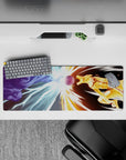 Icy blue vs molten gold anime desk mat 32x12 inches, streaky fast lines and glowing impact.