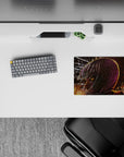 Neon noir anime mouse pad 14x10 inches in deep purples and burnt oranges, moody late-night drama vibe.
