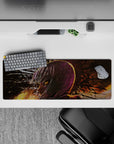 Dark neon anime desk mat 32x12 inches in deep purples and burnt orange, moody late-night vibe.
