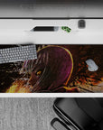 Moody neon anime desk pad 36x16 inches in deep purples and burnt oranges, late-night drama vibe.
