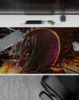 Dark neon anime desk pad 40x20 inches in deep purples and burnt oranges, moody late-night drama vibe.