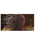 Anime girl mouse pad 32x16 inches with silver-haired profile, glowing amber eyes, and ink-splatter backdrop.
