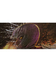 Anime girl desk pad 36x16 inches with silver-haired profile, glowing amber eyes, and ink-splatter backdrop.