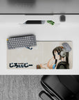 28x12 inches kawaii desk mat in soft beige and mint tones, calm cozy vibe with clean pastel anime art.