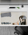 Beige and blue anime girl mouse pad 32x16 inches, clean crisp icons, calm cozy creative vibe.