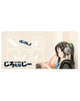 Anime girl mouse pad 32x16 inches with shy big-eyed girl in silver headphones, cozy studio desk design.