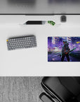 Tanjiro from Demon Slayer walks in neon-lit Tokyo with sakura tones, holding his blade. Anime mouse pad, 14x10 inches.