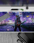 Tanjiro from Demon Slayer walks neon-lit streets with sakura tones on a 40x20 inch desk pad, exuding modern and ancient vibes.