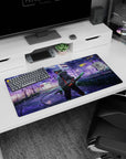 Tanjiro in neon-lit city with sakura tones, wielding checkered blade on 32x16 inch anime mouse pad.