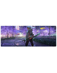Anime mouse pad 32x12 inches featuring Tanjiro from Demon Slayer walking through neon-lit city streets with sakura tones.