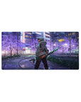 Anime mouse pad 32x16 inches featuring Tanjiro in neon-lit city with sakura tones, iconic checkered blade in hand.