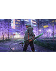 Tanjiro from Demon Slayer on a 40x20 inch anime desk pad, walking in neon-lit city with sakura tones and checkered blade.