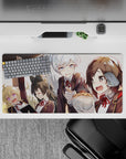 32x16 inches anime girl mouse pad in warm sunset gold, glossy hair highlights, cozy playful commute mood.