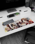 Anime girl mouse pad 32x12 inches showing four blushing schoolgirls crammed together, guarding a steaming bowl.
