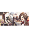 36x16 inches anime girl desk pad with four schoolgirls squeezed on a train, one guarding a steaming bowl.