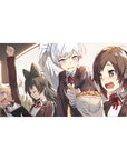 Anime girl desk pad 40x20 inches with four schoolgirls in blazers and red ribbons on a crowded commute.