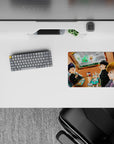 Warm orange-glow anime mouse pad 14x10 inches, cozy late-night snack vibe with soft shading and bold lines.