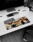 28x12 inches anime mouse pad showing four friends in a booth, messy hair and grins, fries and milkshakes.