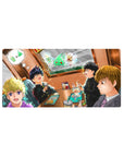 32x16 inches anime mouse pad with cozy cafe booth, four friends, fries and shakes, bold line art.