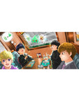 Anime desk pad 36x16 inches with cafe booth friends, fries and shakes, bold lines and soft shading.