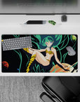 32x16 inches neon teal and deep-black space mouse pad, playful galaxy vibe with sea-green hair accents.