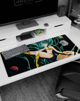 Lum from Urusei Yatsura on a 36x16 inches anime desk pad, hair flowing amid stars and tiny planets.