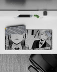 28x12 inches monochrome manga-style desk mat, bold shading and striped backdrop with cool smirk mood.
