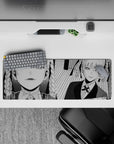 32x12 inches monochrome manga desk mat with bold shading, striped backdrop, and cool smirking vibe.