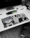 Two-panel anime girl scene mouse pad: close-up then full pose, sharp eyes, braided hair, 32x16 inches.