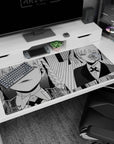 Two-panel scene: close-up and full pose of sharp-eyed braided anime girl in suit, 40x20 inches.