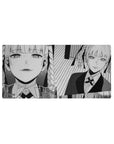 Black-and-white manga style anime girl mouse pad, twin braids, suit and tie, 32x16 inches.