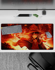 Megumin from KonoSuba unleashing her explosion magic, mouse pad 32x16 inches, vibrant reds and golds, magic pose.