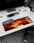 Megumin KonoSuba anime mouse pad, 32x12 inches, featuring her explosive magic pose with fiery reds and glowing golds.