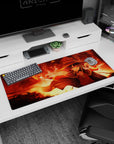 Megumin KonoSuba anime desk pad 36x16 inches, featuring fiery reds and golds, capturing explosive magic moment.