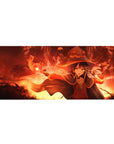 Megumin mouse pad 36x16 inches from KonoSuba, featuring her intense pre-explosion pose with fiery reds and glowing golds.