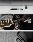 Moody 36x16 inches anime desk pad in black, cream, and gray with warm gold bokeh and soft painterly light.