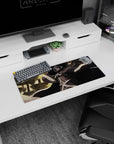Anime mouse pad 28x12 inches showing a tall mage in a shadowy hat and flaring cloak, sparks behind.