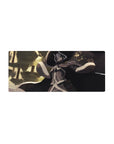 Anime mouse pad 28x12 inches with calm spellcaster in wide hat, ink-black cloak, sunlit grove.