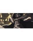 Anime desk pad 36x16 inches with spellcaster in wide hat, ink-black cloak, and sunlit grove backdrop.