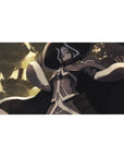 Anime desk pad 40x20 inches with a spellcaster in wide hat, ink-black cloak, and sunlit grove backdrop.