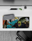 28x12 inches anime mouse pad in bright chaotic neon tones, speed lines and gritty street textures.