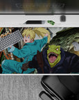 40x20 inches anime desk pad in teal, neon, and gritty dark tones, bright chaotic street vibe.