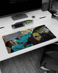 32x16 inches anime mouse pad showing grinning blonde runner balancing hot bites as reptile-headed thug lunges.
