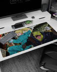 40x20 inches anime desk pad showing teal-jumpsuit girl running with steaming tray, lizard foe lunging.