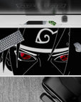 40x20 inches anime mouse pad in stark black and white with a crimson Sharingan pop, edgy vibe.