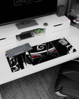 32x12 inches Naruto mouse pad showing Sasuke Uchiha locking eyes, clean line art, iconic Leaf headband.