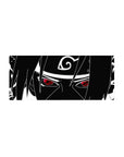 28x12 inches anime mouse pad with clean black-and-white Sasuke line art and Leaf headband symbol.